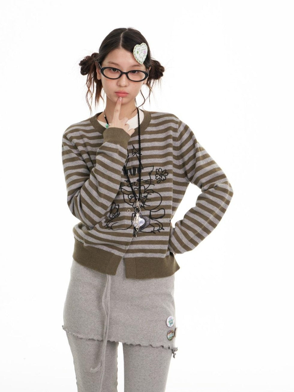 BETWEENAND Gray Green Graffiti Lucky Cat Striped Women&