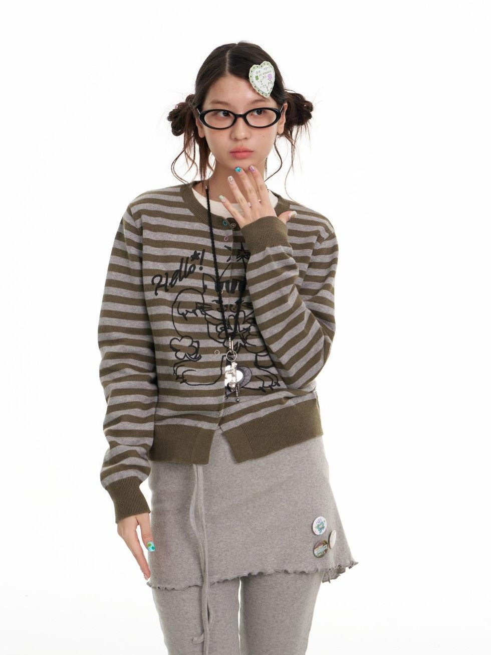 BETWEENAND Gray Green Graffiti Lucky Cat Striped Women&