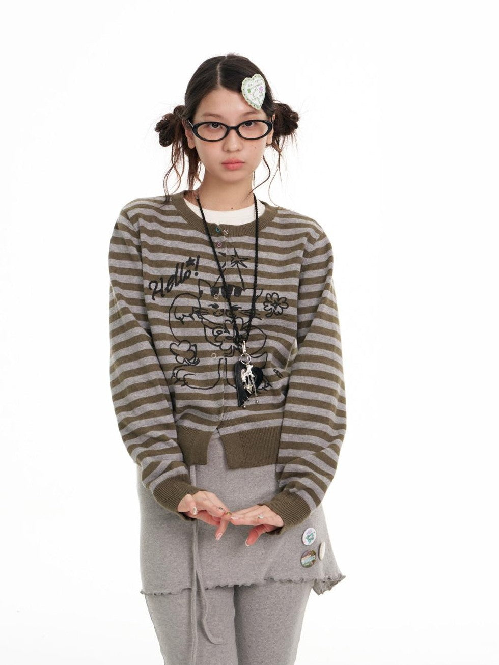 BETWEENAND Gray Green Graffiti Lucky Cat Striped Women&