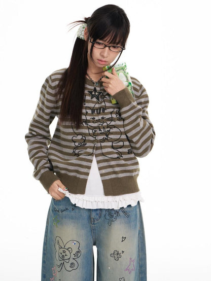 BETWEENAND Gray Green Graffiti Lucky Cat Striped Women&