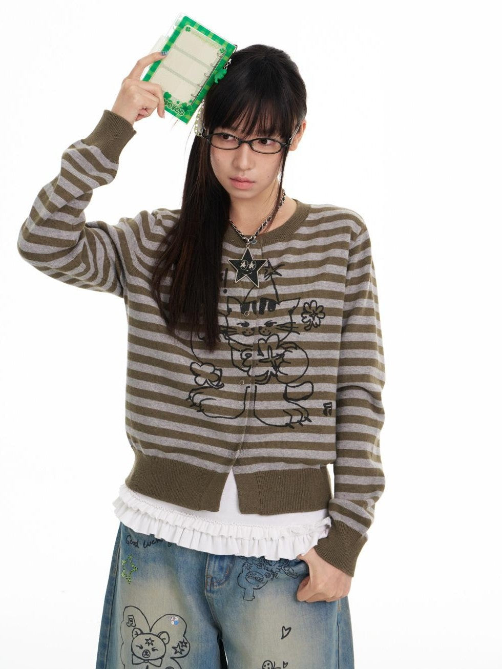 BETWEENAND Gray Green Graffiti Lucky Cat Striped Women&