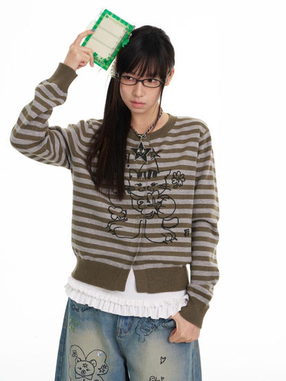 BETWEENAND Gray Green Graffiti Lucky Cat Striped Women&