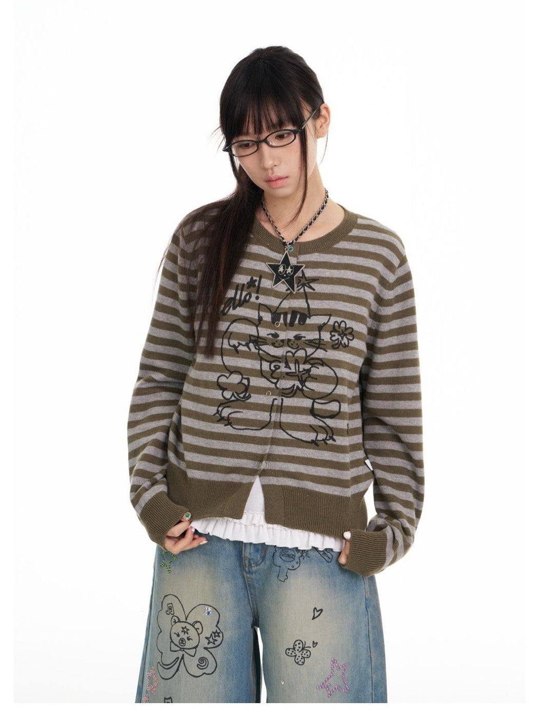 BETWEENAND Gray Green Graffiti Lucky Cat Striped Women&