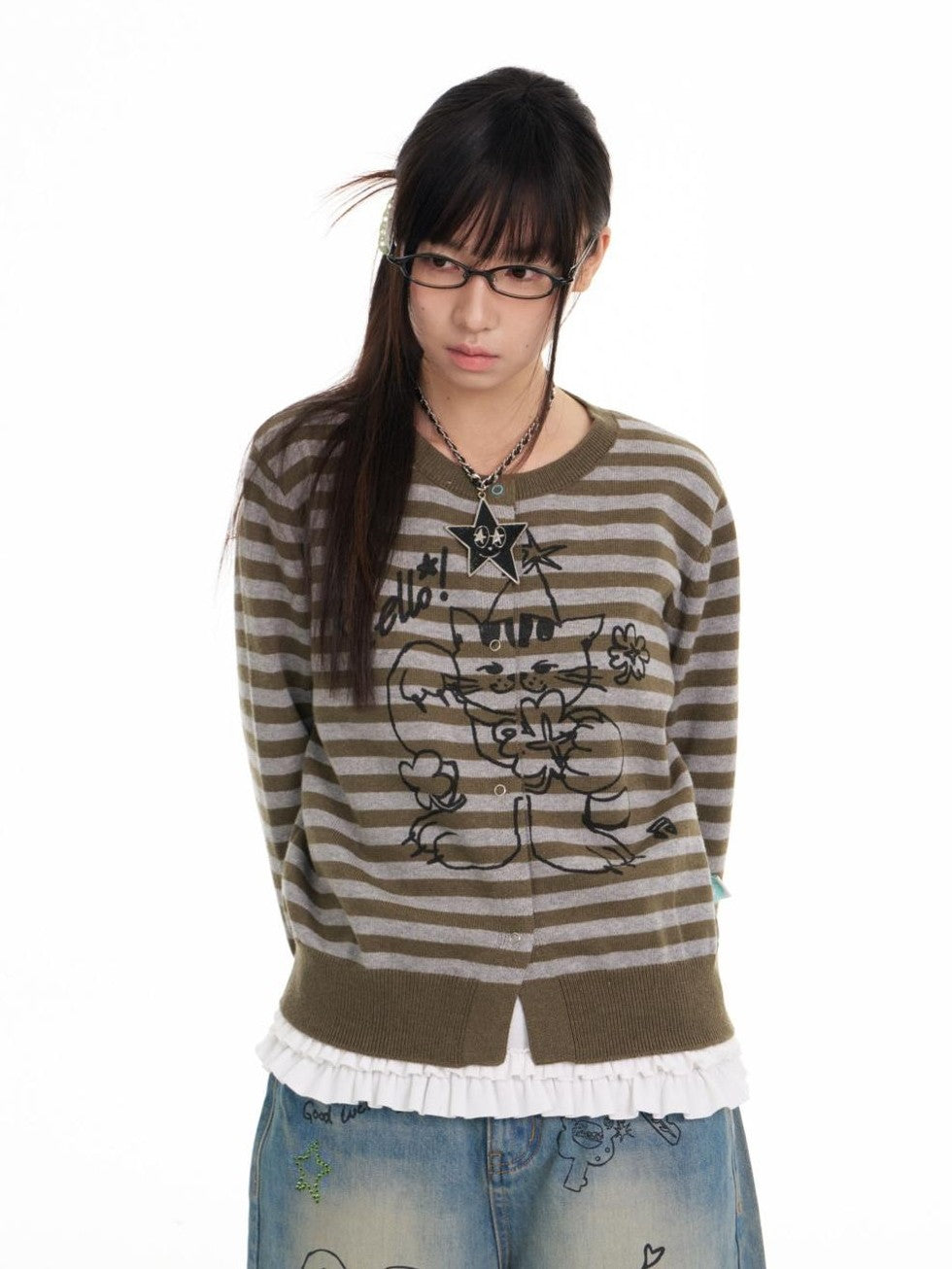 BETWEENAND Gray Green Graffiti Lucky Cat Striped Women&