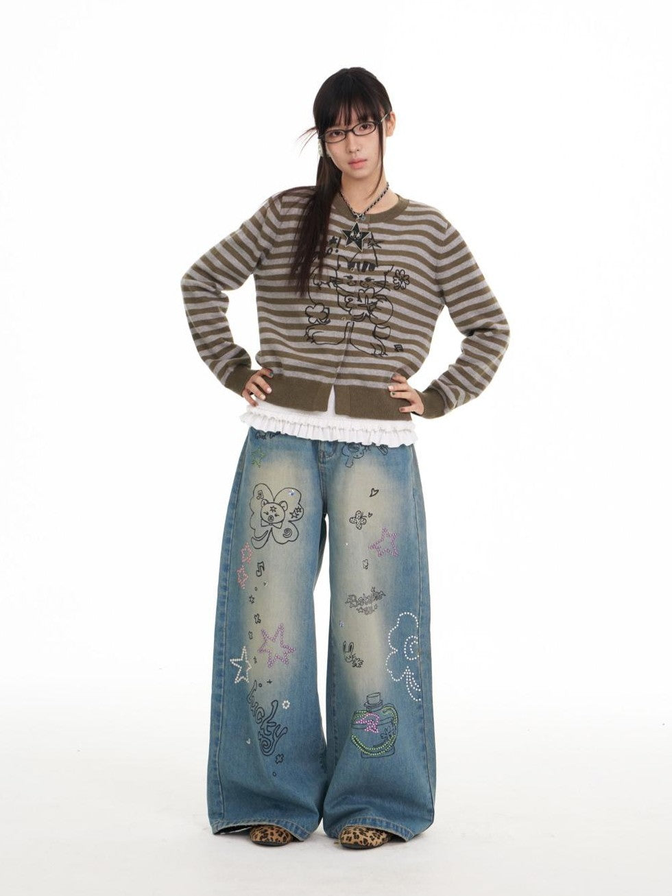 BETWEENAND Gray Green Graffiti Lucky Cat Striped Women&