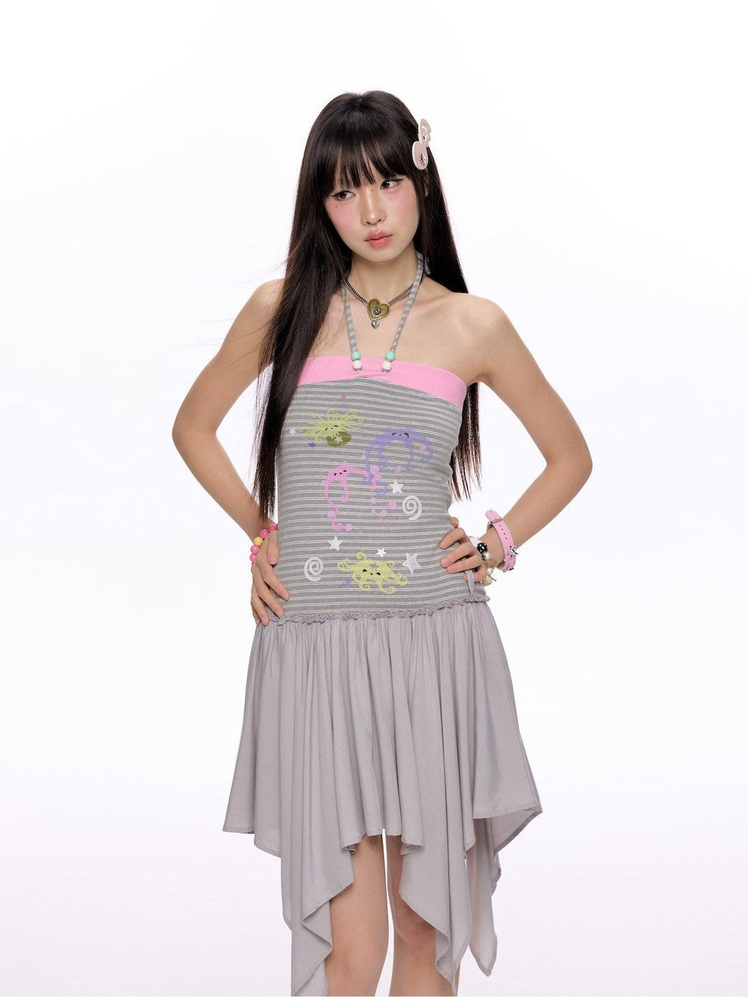 BETWEENAND Gray Pink Striped Bustier Asymmetrical Women&