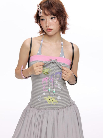 BETWEENAND Gray Pink Striped Bustier Asymmetrical Women&