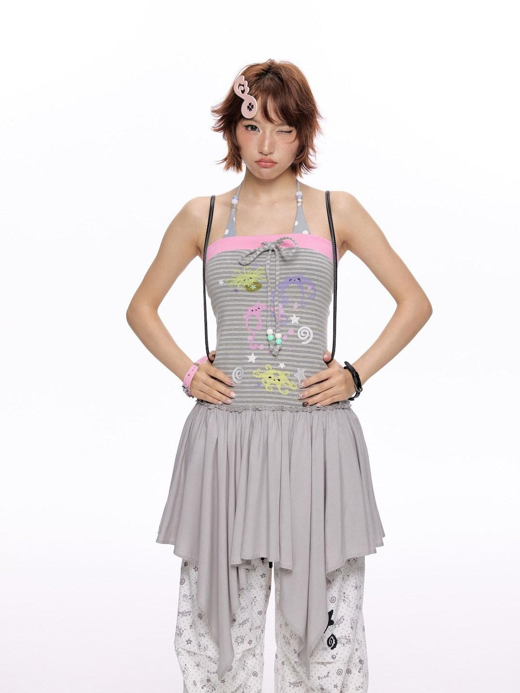 BETWEENAND Gray Pink Striped Bustier Asymmetrical Women&