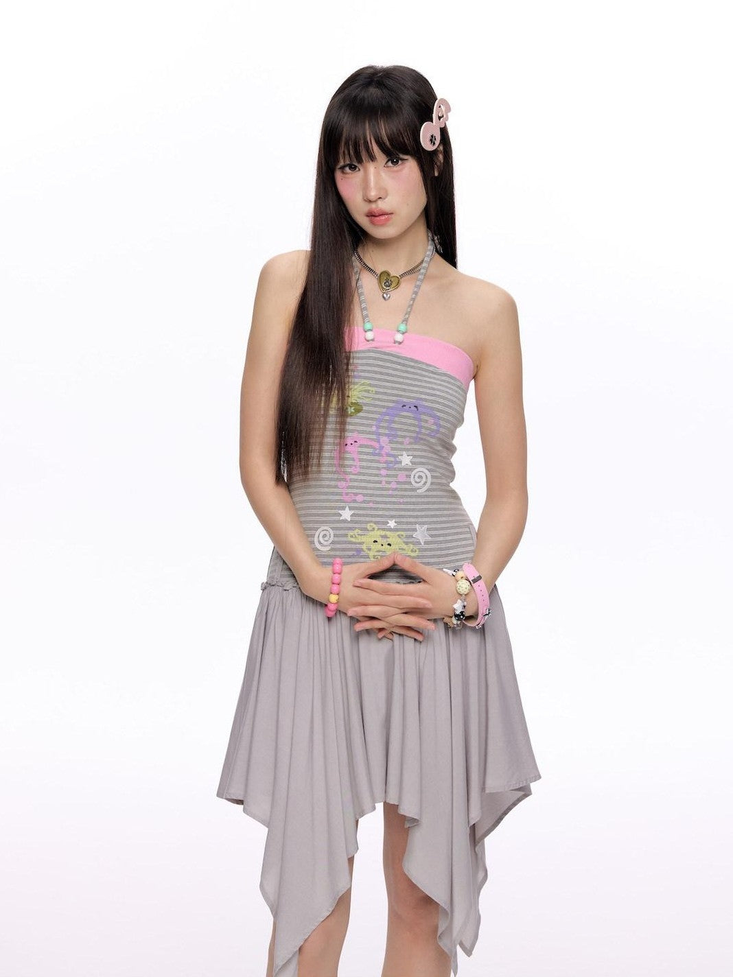 BETWEENAND Gray Pink Striped Bustier Asymmetrical Women&