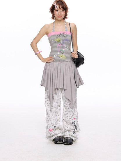BETWEENAND Gray Pink Striped Bustier Asymmetrical Women&