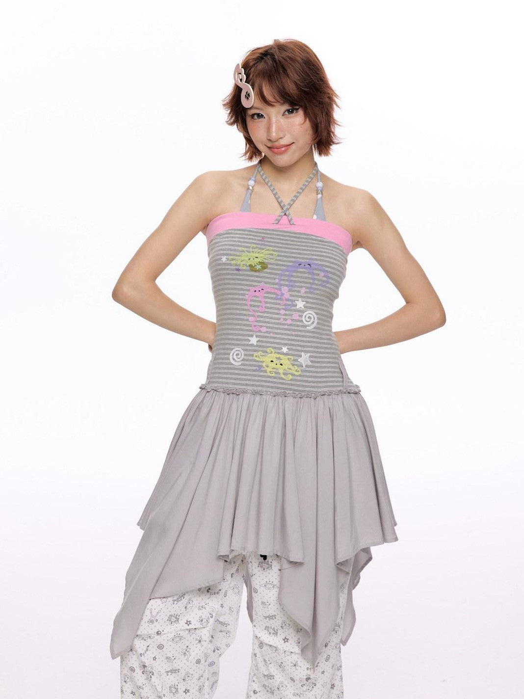 BETWEENAND Gray Pink Striped Bustier Asymmetrical Women&