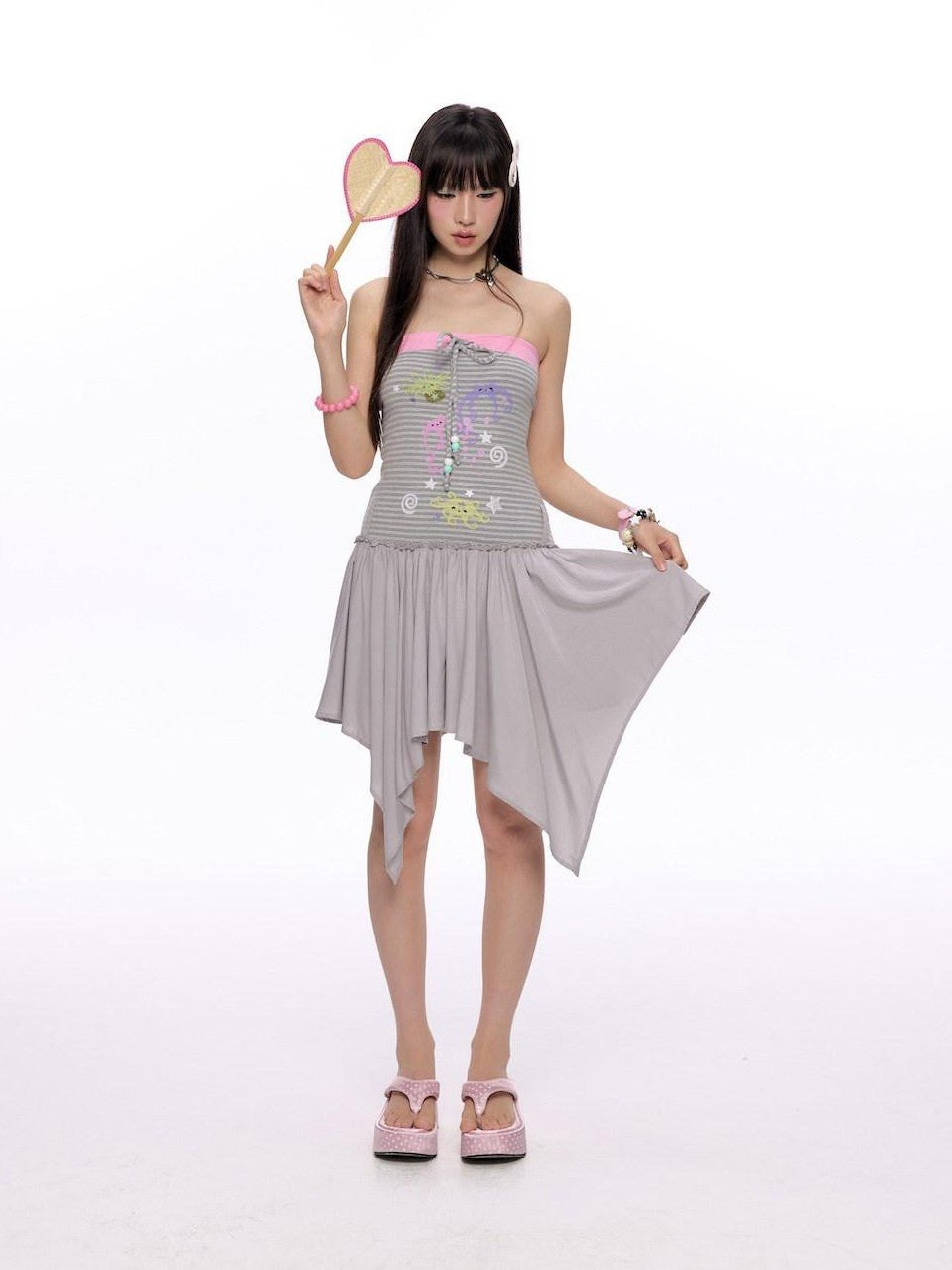 BETWEENAND Gray Pink Striped Bustier Asymmetrical Women&