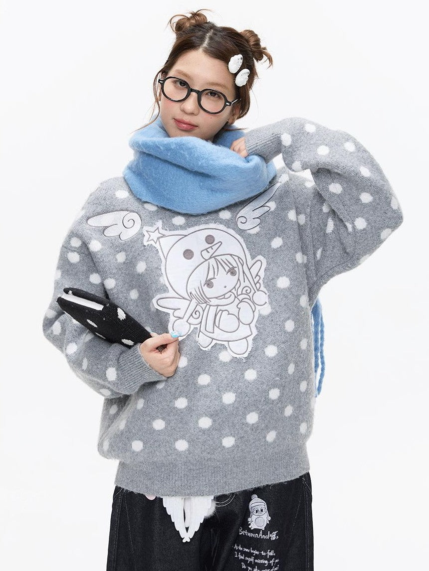 BETWEENAND Gray Polka Dot Applique Angel Embroidery Jacquard Women&