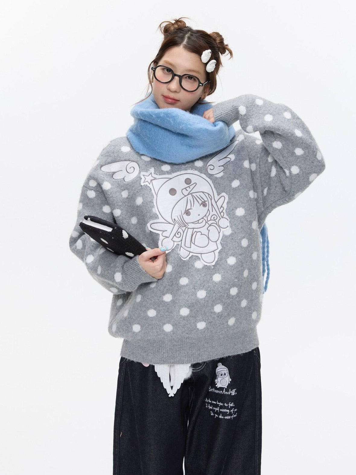 BETWEENAND Gray Polka Dot Applique Angel Embroidery Jacquard Women&