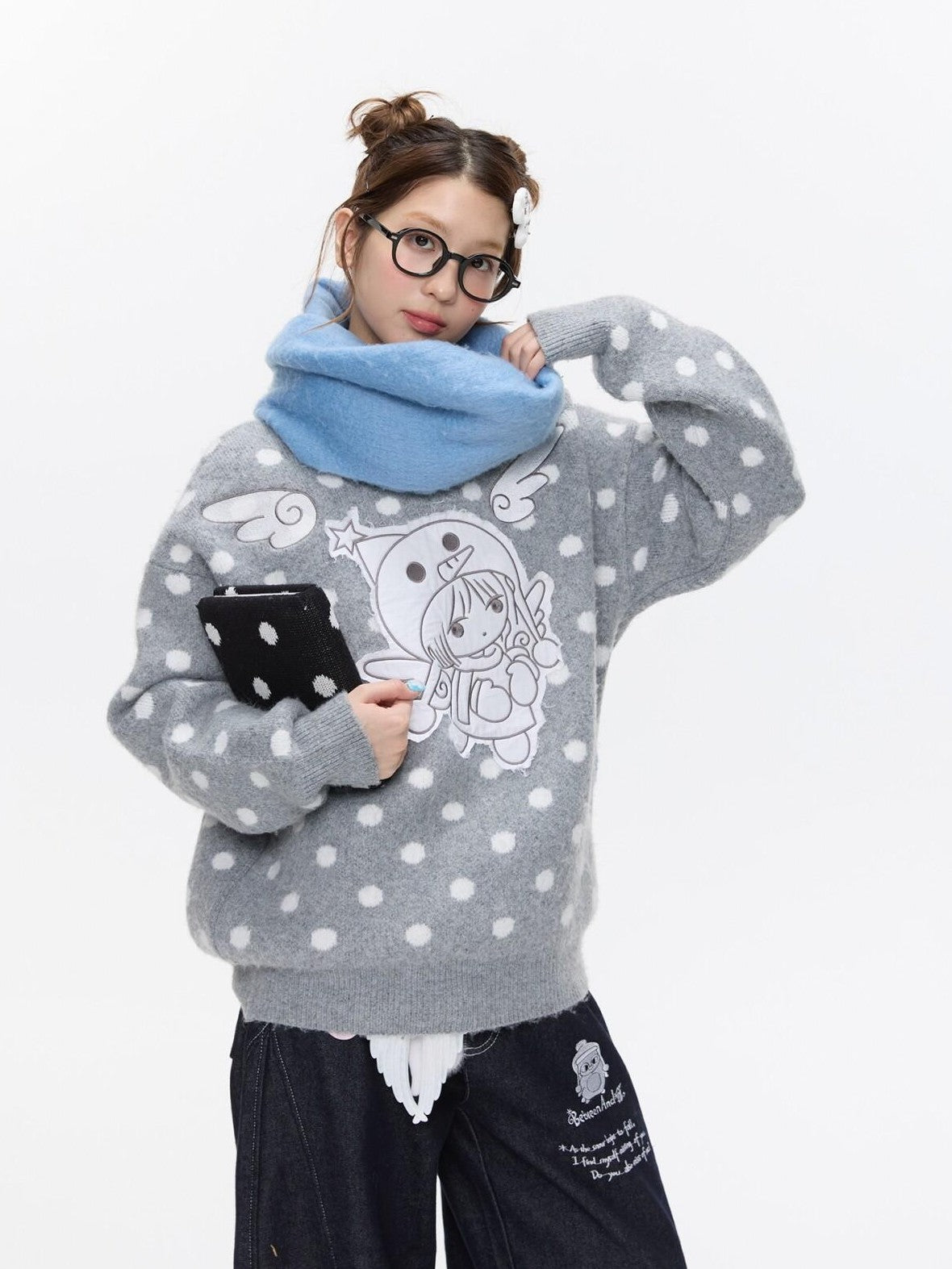 BETWEENAND Gray Polka Dot Applique Angel Embroidery Jacquard Women&