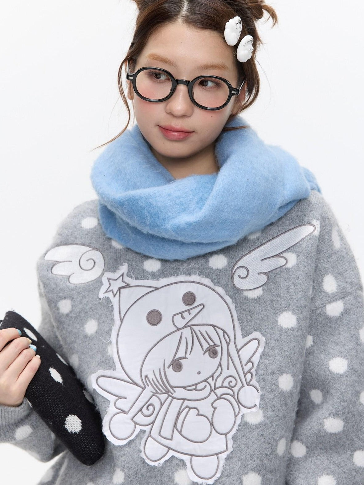 BETWEENAND Gray Polka Dot Applique Angel Embroidery Jacquard Women&