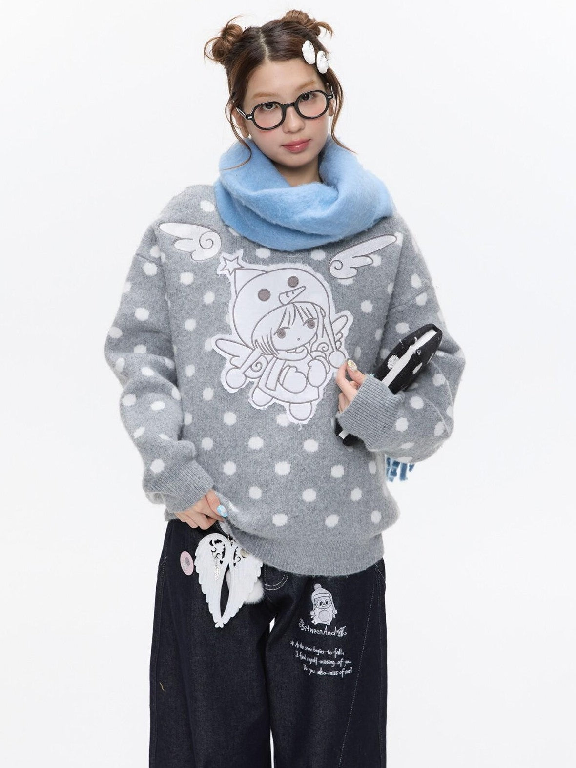 BETWEENAND Gray Polka Dot Applique Angel Embroidery Jacquard Women&