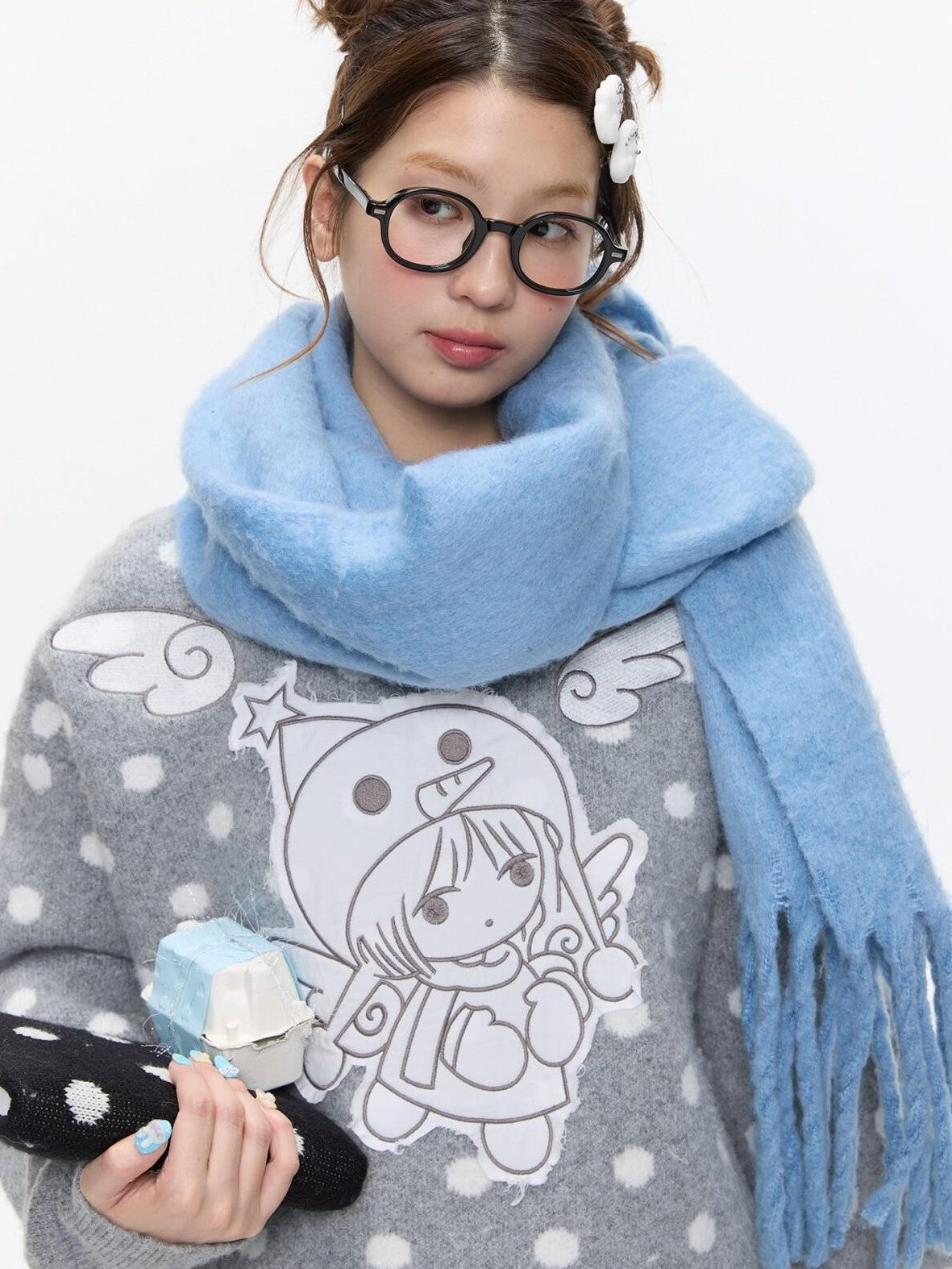 BETWEENAND Gray Polka Dot Applique Angel Embroidery Jacquard Women&