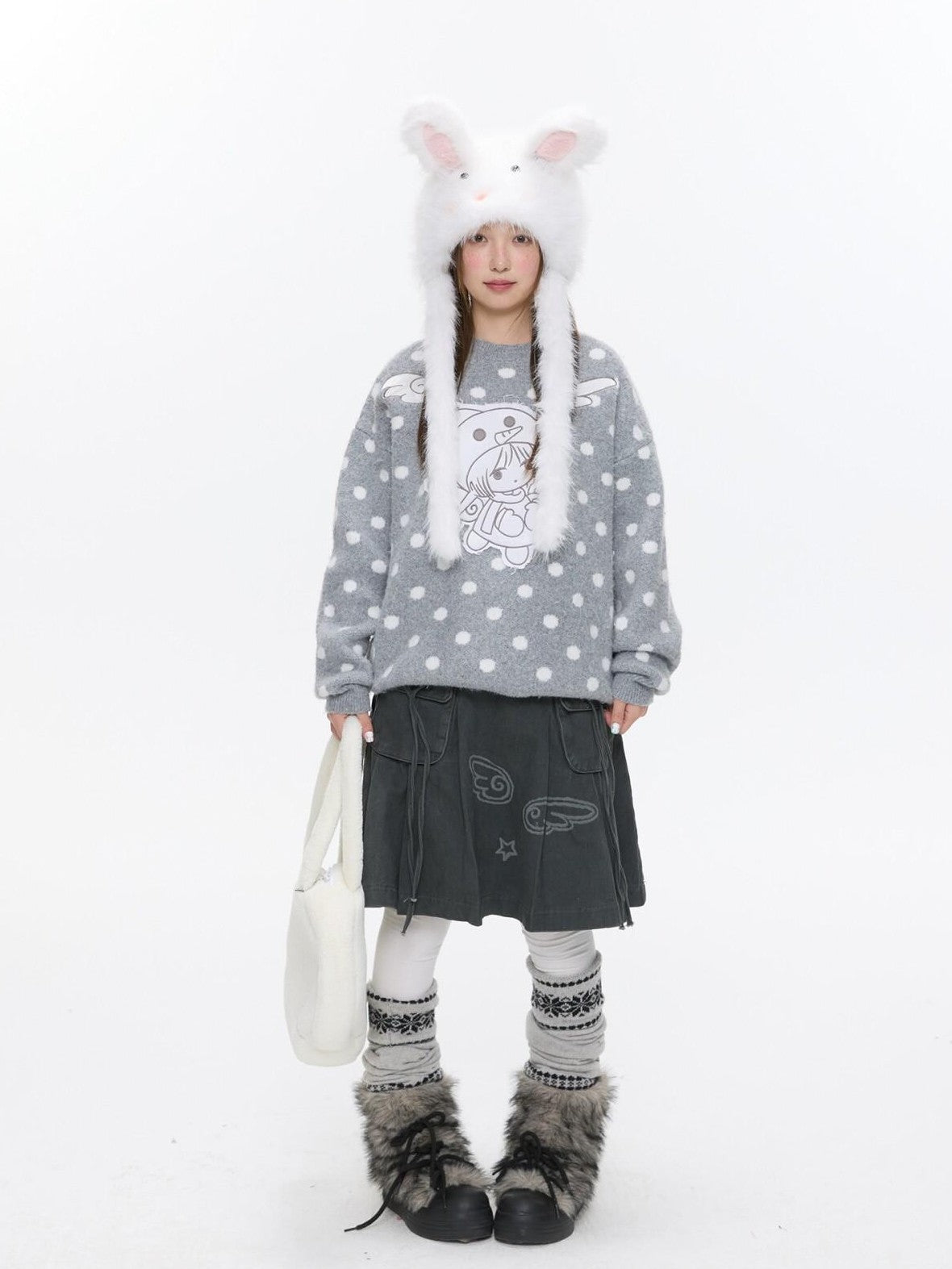 BETWEENAND Gray Polka Dot Applique Angel Embroidery Jacquard Women&