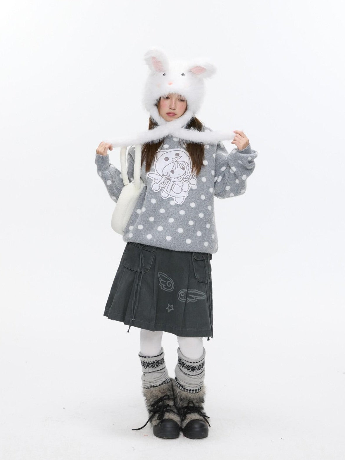 BETWEENAND Gray Polka Dot Applique Angel Embroidery Jacquard Women&