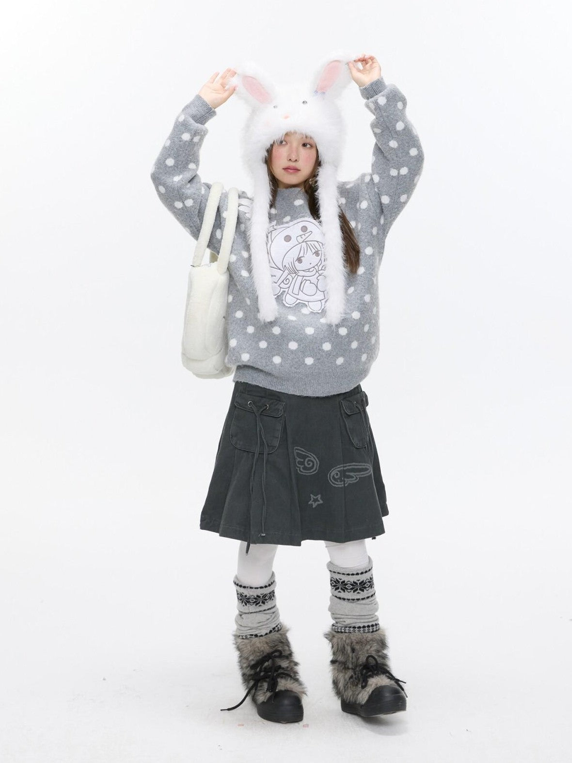 BETWEENAND Gray Polka Dot Applique Angel Embroidery Jacquard Women&