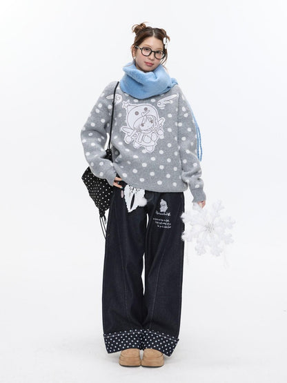 BETWEENAND Gray Polka Dot Applique Angel Embroidery Jacquard Women&