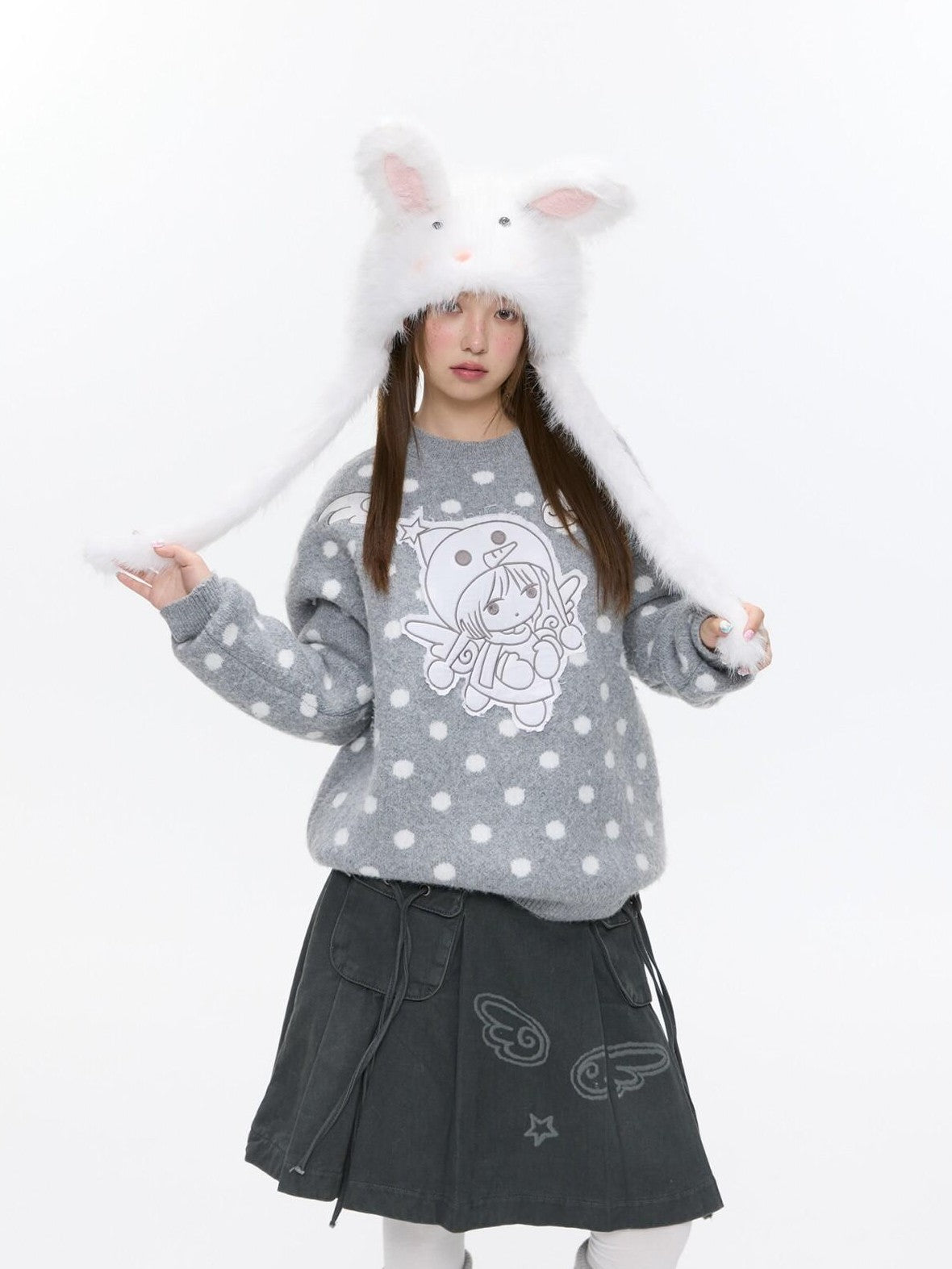 BETWEENAND Gray Polka Dot Applique Angel Embroidery Jacquard Women&