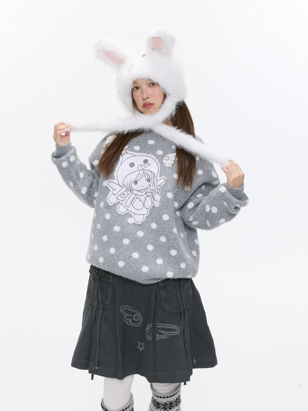 BETWEENAND Gray Polka Dot Applique Angel Embroidery Jacquard Women&