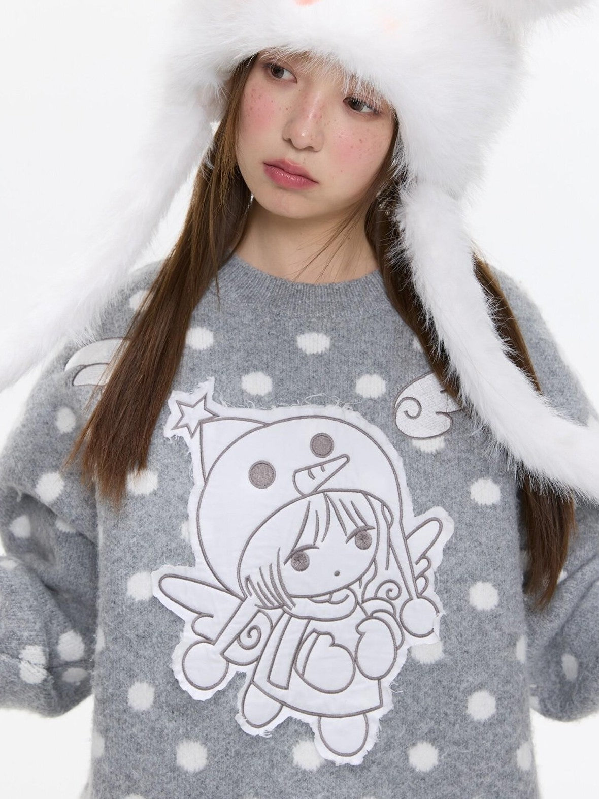 BETWEENAND Gray Polka Dot Applique Angel Embroidery Jacquard Women&