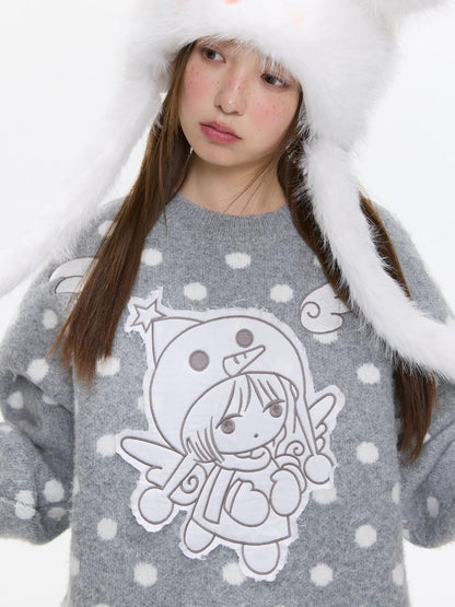 BETWEENAND Gray Polka Dot Applique Angel Embroidery Jacquard Women&