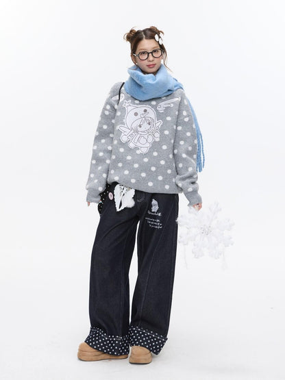 BETWEENAND Gray Polka Dot Applique Angel Embroidery Jacquard Women&