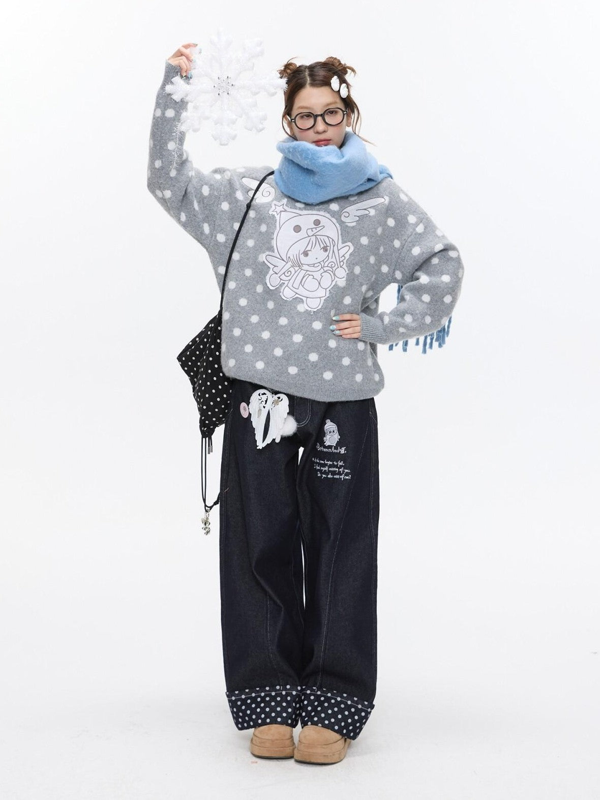 BETWEENAND Gray Polka Dot Applique Angel Embroidery Jacquard Women&