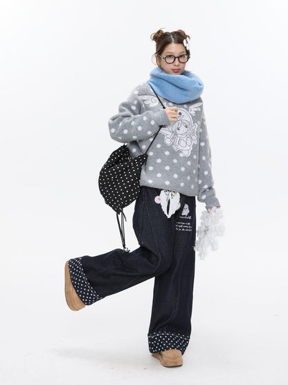 BETWEENAND Gray Polka Dot Applique Angel Embroidery Jacquard Women&