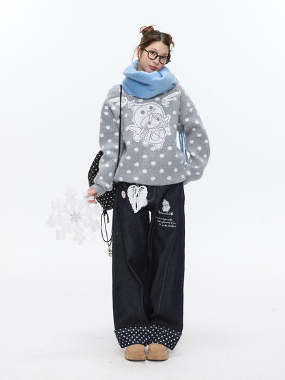 BETWEENAND Gray Polka Dot Applique Angel Embroidery Jacquard Women&