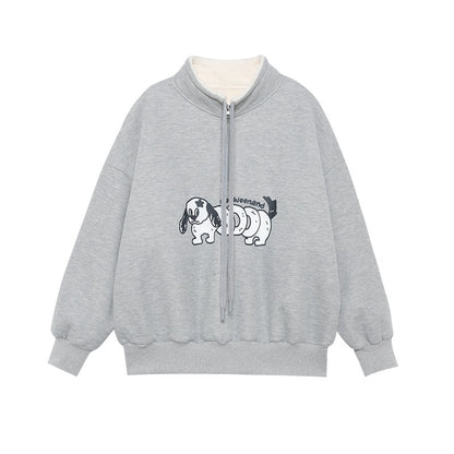 BETWEENAND_Gray_Puppy_Print_Half_Zip_Stand_Collar_Women&