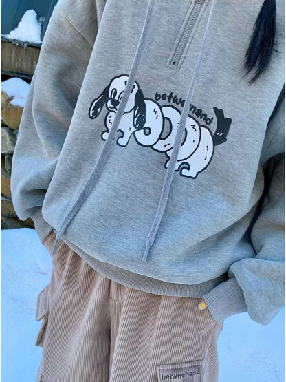 BETWEENAND Gray Puppy Print Half Zip Stand Collar Women&