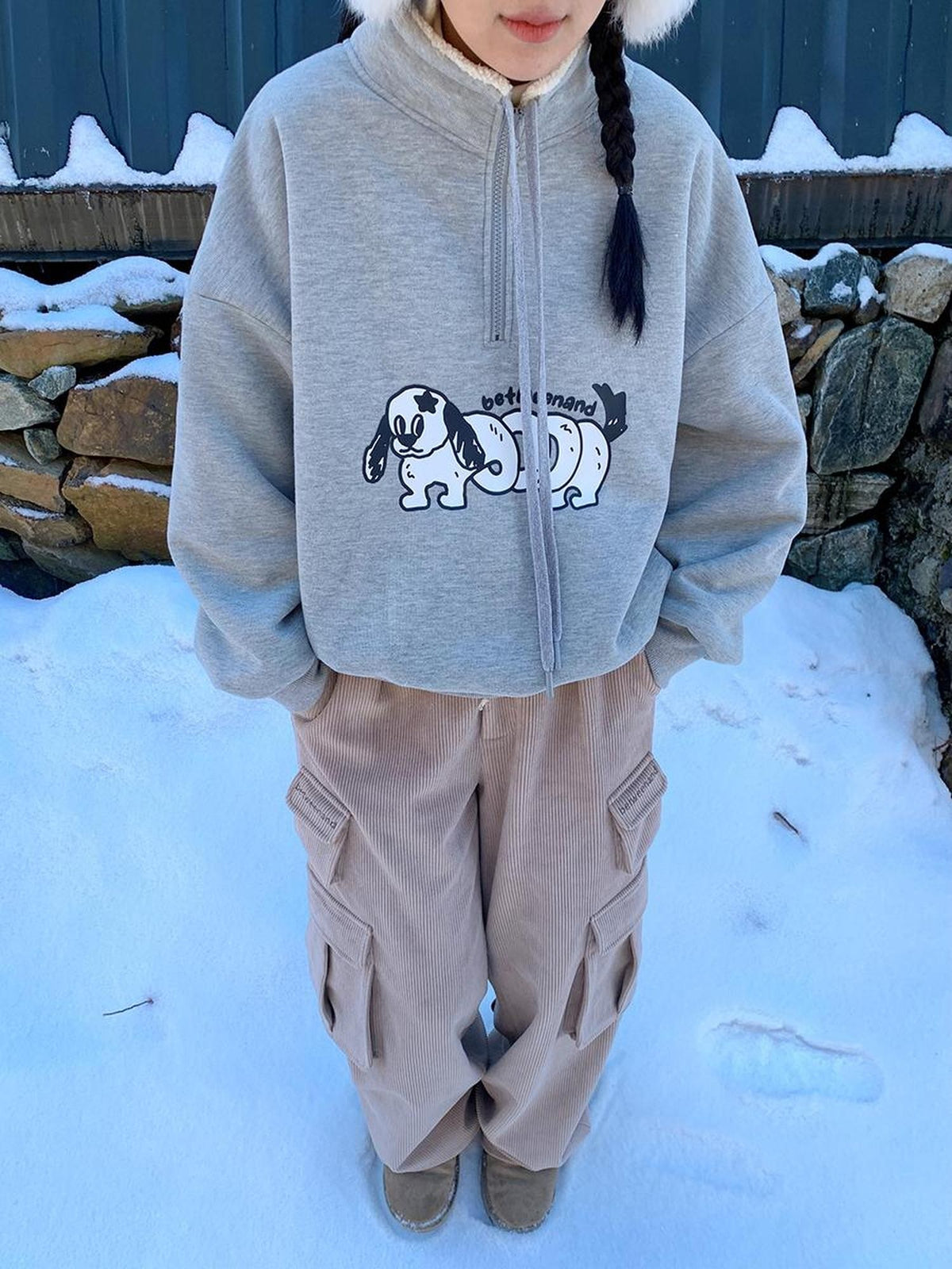 BETWEENAND Gray Puppy Print Half Zip Stand Collar Women&