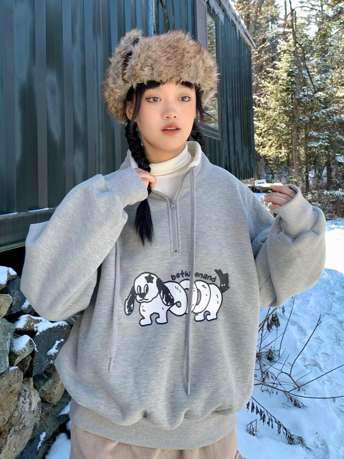 BETWEENAND Gray Puppy Print Half Zip Stand Collar Women&