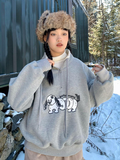 BETWEENAND Gray Puppy Print Half Zip Stand Collar Women&