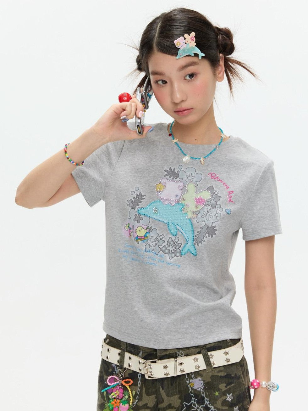 BETWEENAND Gray Rhinestone Print Women&