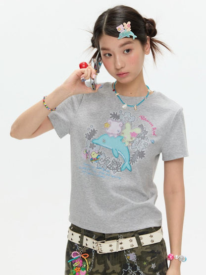 BETWEENAND Gray Rhinestone Print Women&