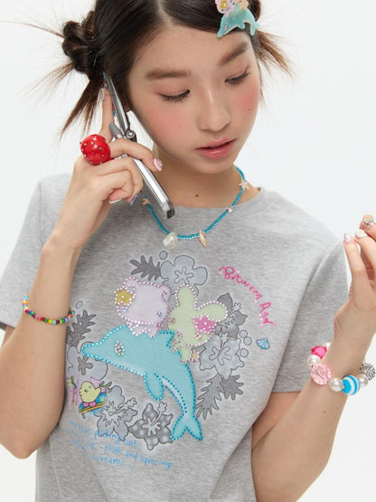 BETWEENAND Gray Rhinestone Print Women&