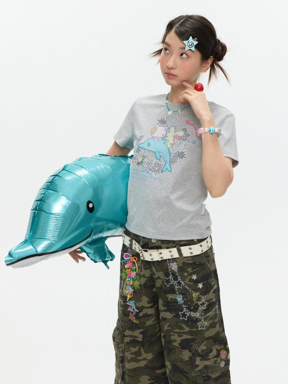 BETWEENAND Gray Rhinestone Print Women&