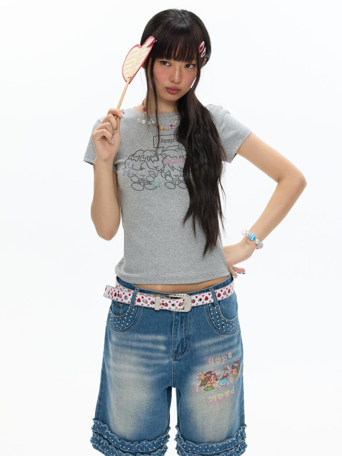 BETWEENAND Gray Rhinestone Smile Cropped Women&