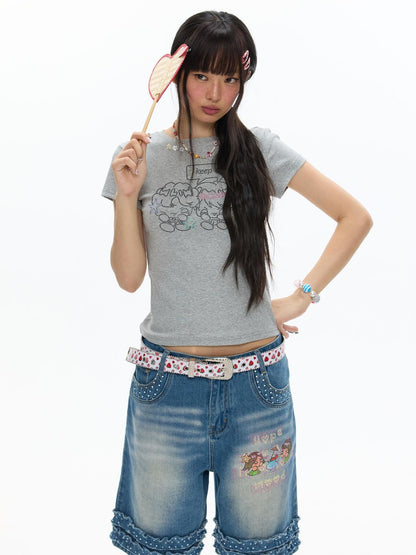 BETWEENAND Gray Rhinestone Smile Cropped Women&