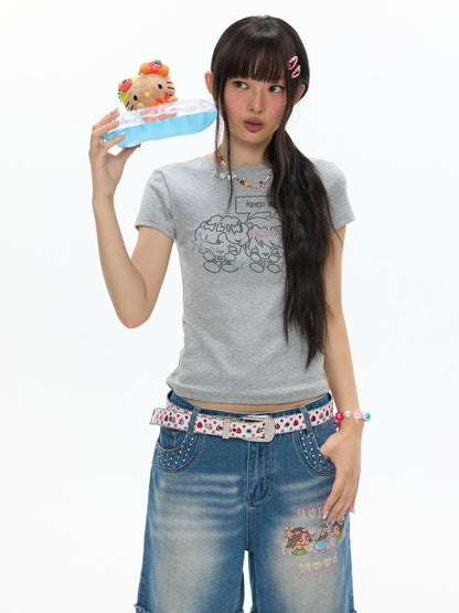 BETWEENAND Gray Rhinestone Smile Cropped Women&