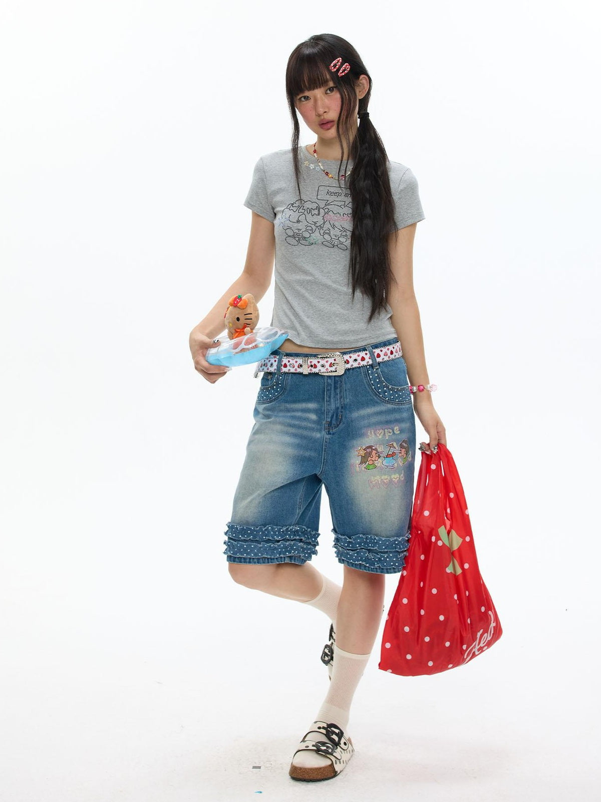 BETWEENAND Gray Rhinestone Smile Cropped Women&