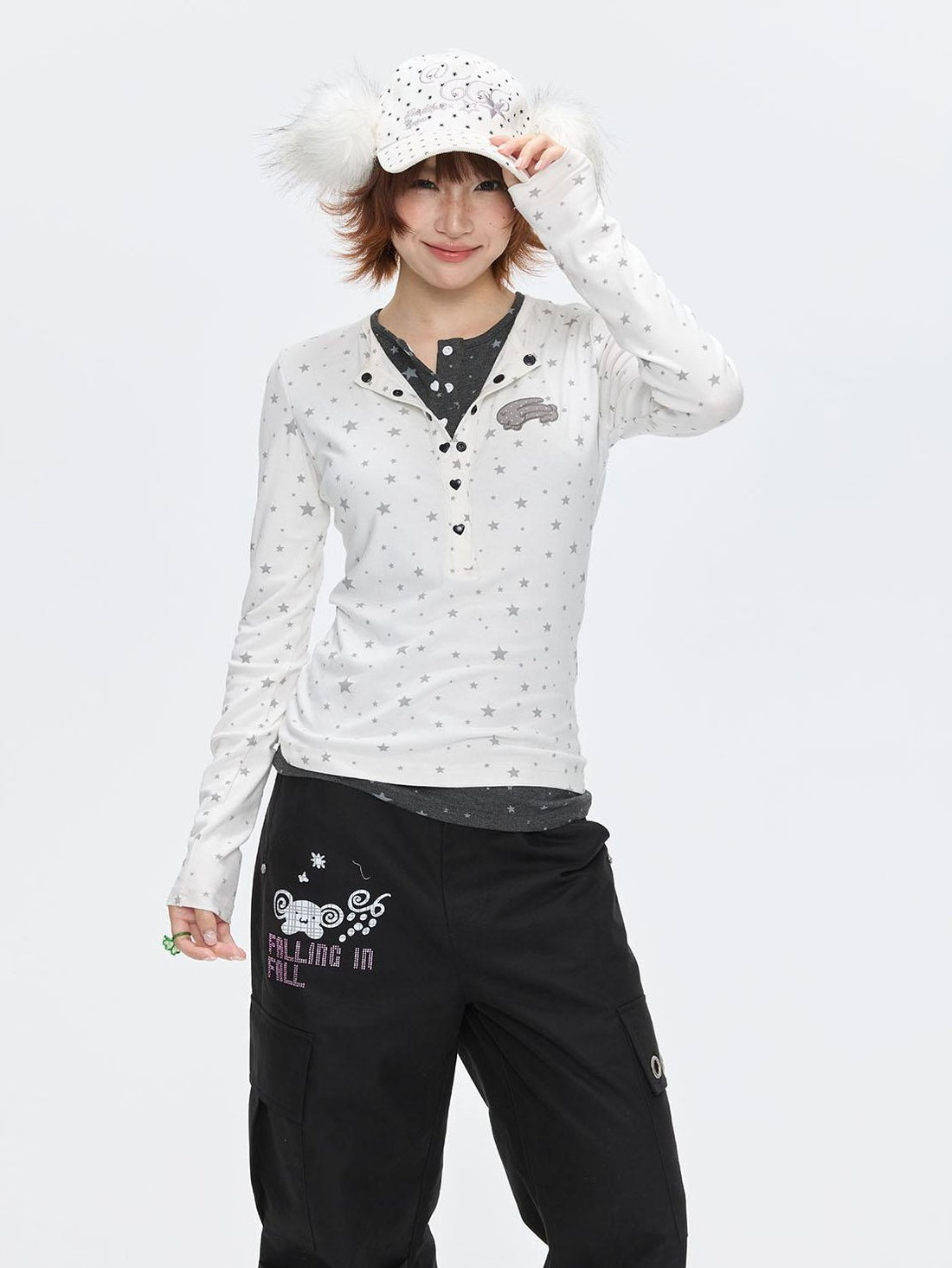 BETWEENAND Gray Star Polka Dot Henley Faux Layered Women&