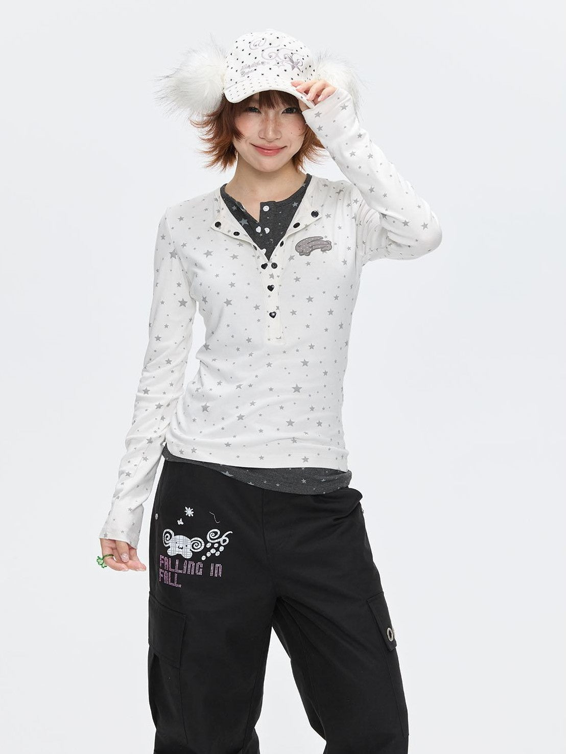 BETWEENAND Gray Star Polka Dot Henley Faux Layered Women&