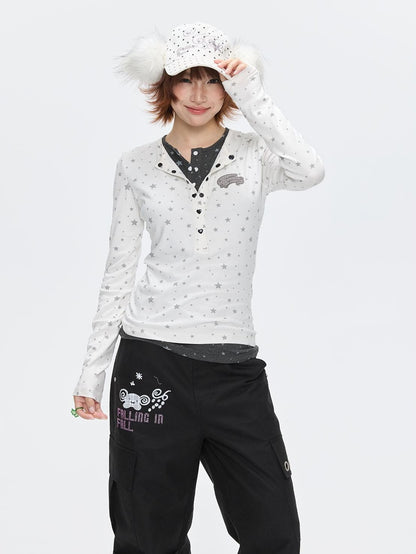 BETWEENAND Gray Star Polka Dot Henley Faux Layered Women&